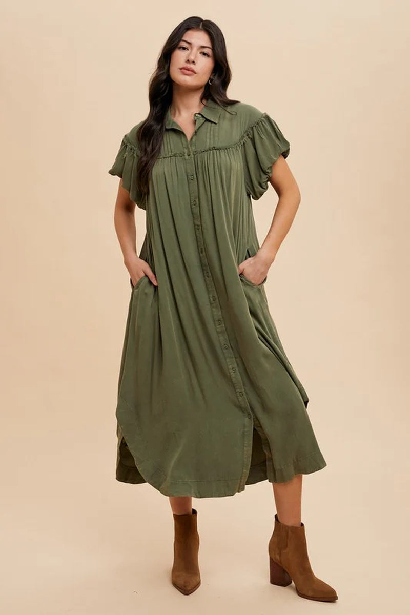 Annie Wear Mineral Washed Button down Puff Sleeve Shirt Dress