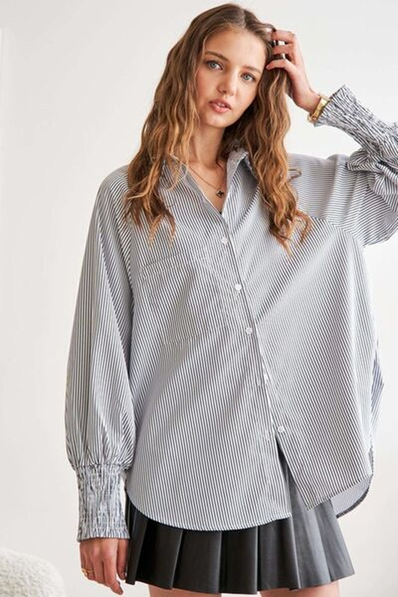 ADORA High-Low Striped Button down Smocked Lantern Sleeve Shirt