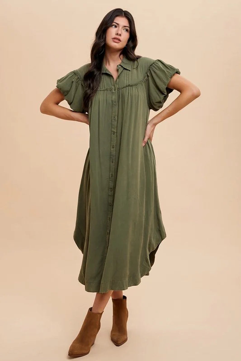 Annie Wear Mineral Washed Button down Puff Sleeve Shirt Dress