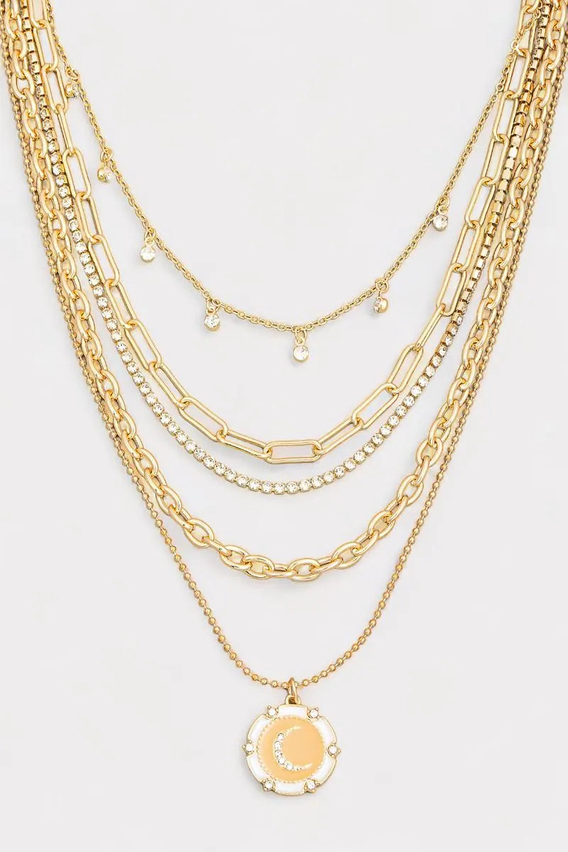5 Layer Chain Crystal Moon Medallion Necklace