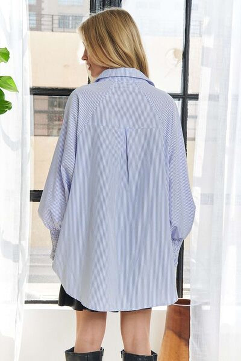 ADORA High-Low Striped Button down Smocked Lantern Sleeve Shirt
