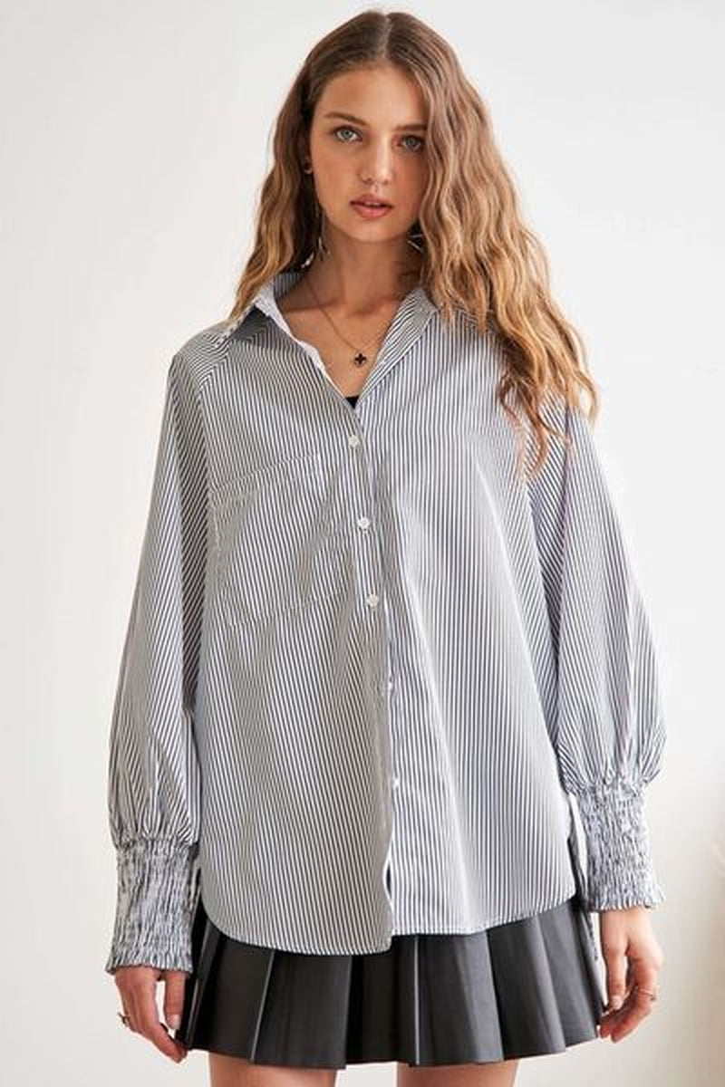ADORA High-Low Striped Button down Smocked Lantern Sleeve Shirt