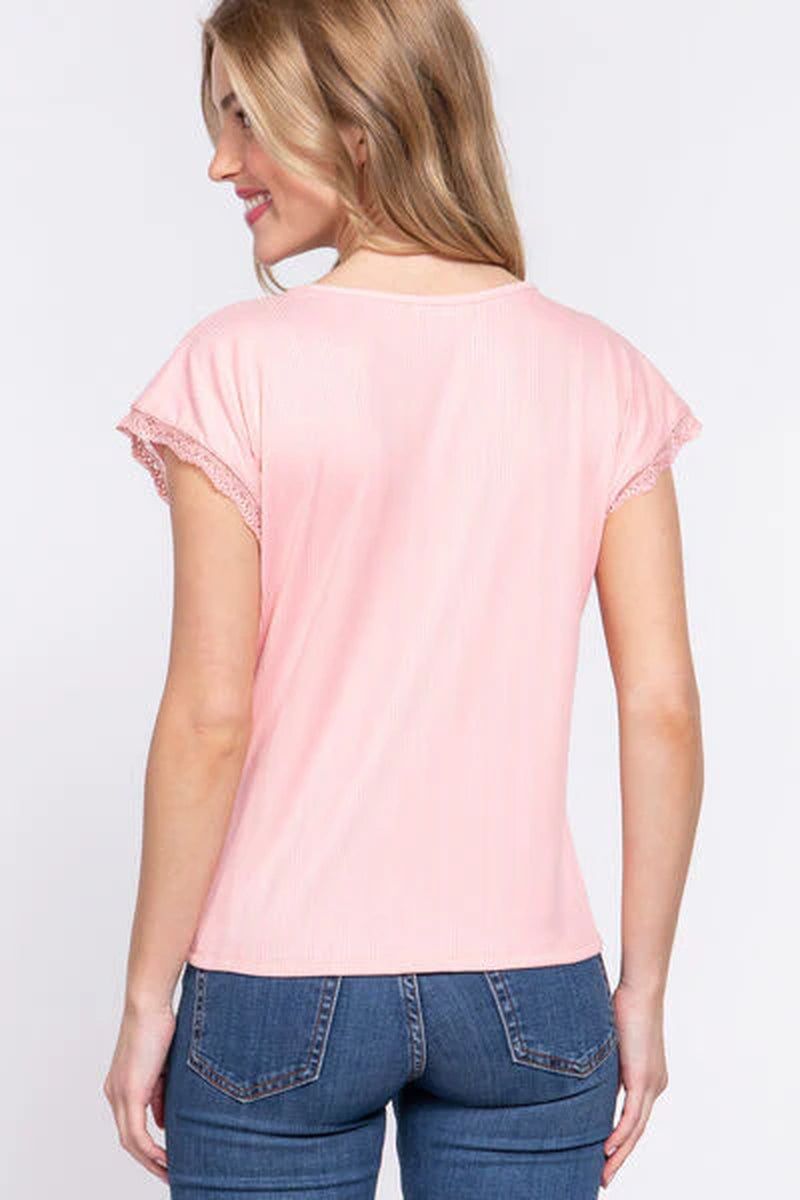 ACTIVE BASIC Lace Trim V-Neck Ribbed Top with Short Sleeves