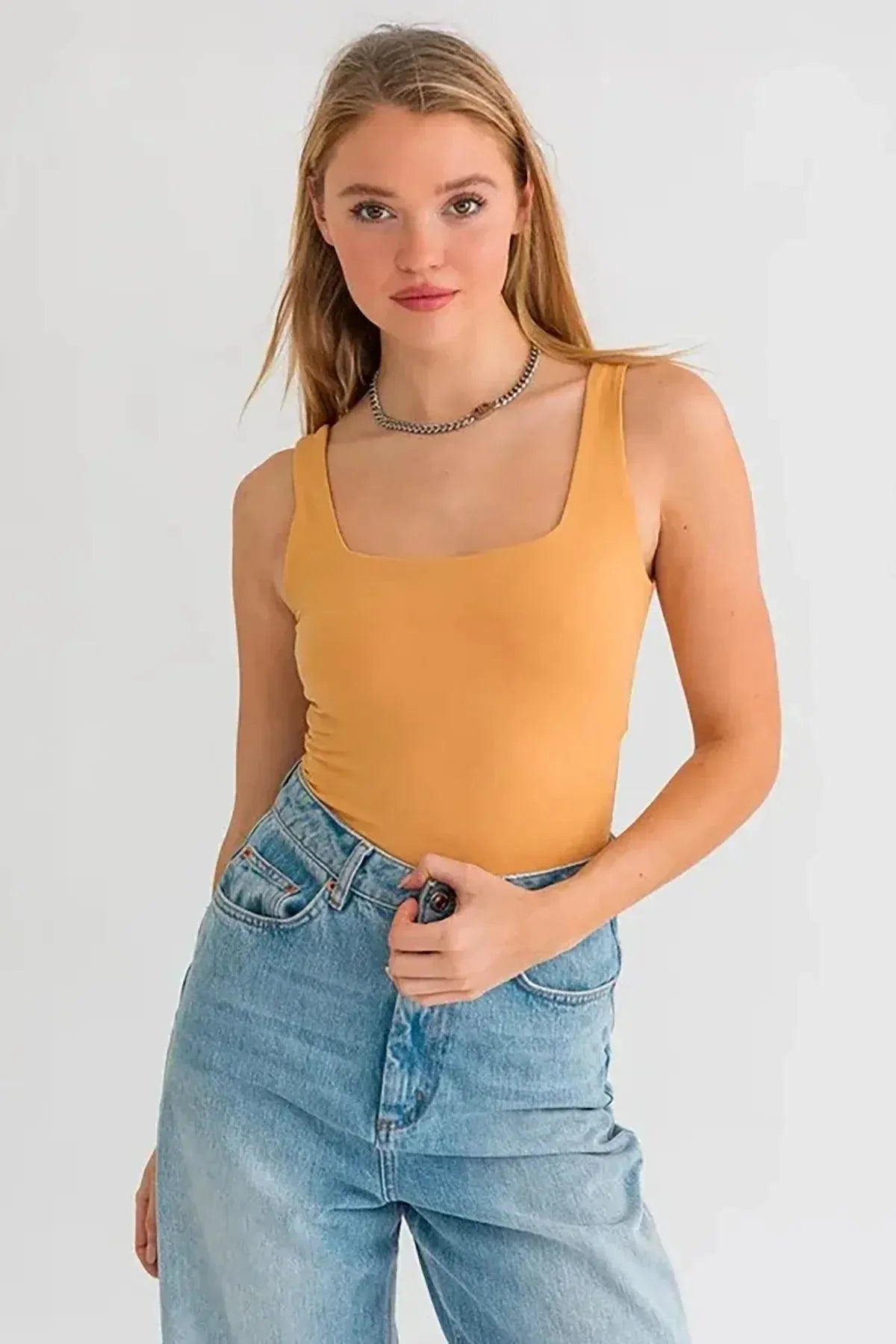 Square Neck Basic Essential Stretchy Bodysuit Tank Top