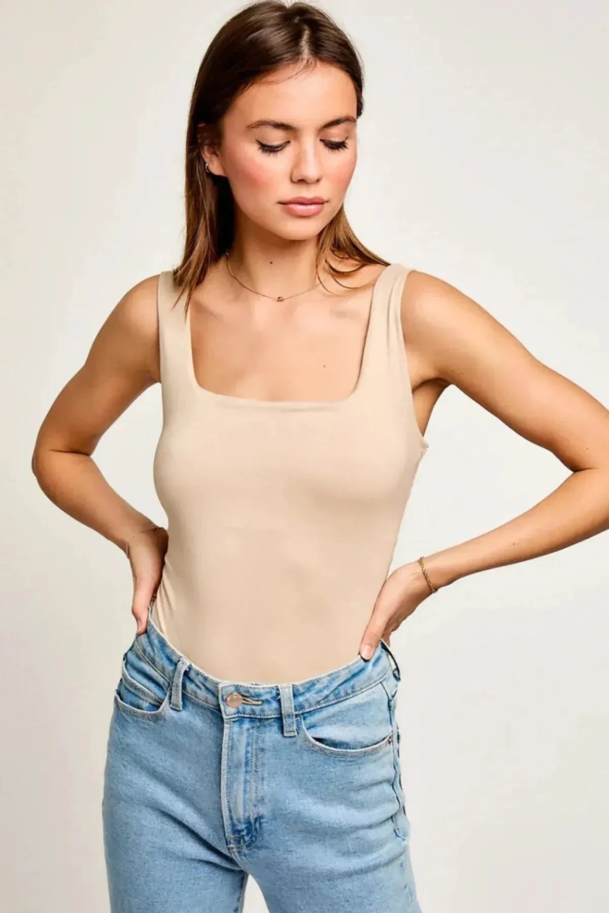 Square Neck Basic Essential Stretchy Bodysuit Tank Top