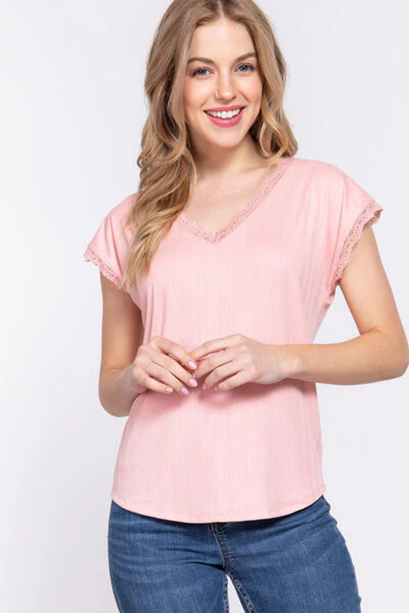 ACTIVE BASIC Lace Trim V-Neck Ribbed Top with Short Sleeves