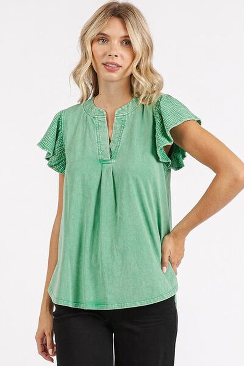 Mittoshop Mix Media Ruffle Short Sleeve Mineral Wash Top