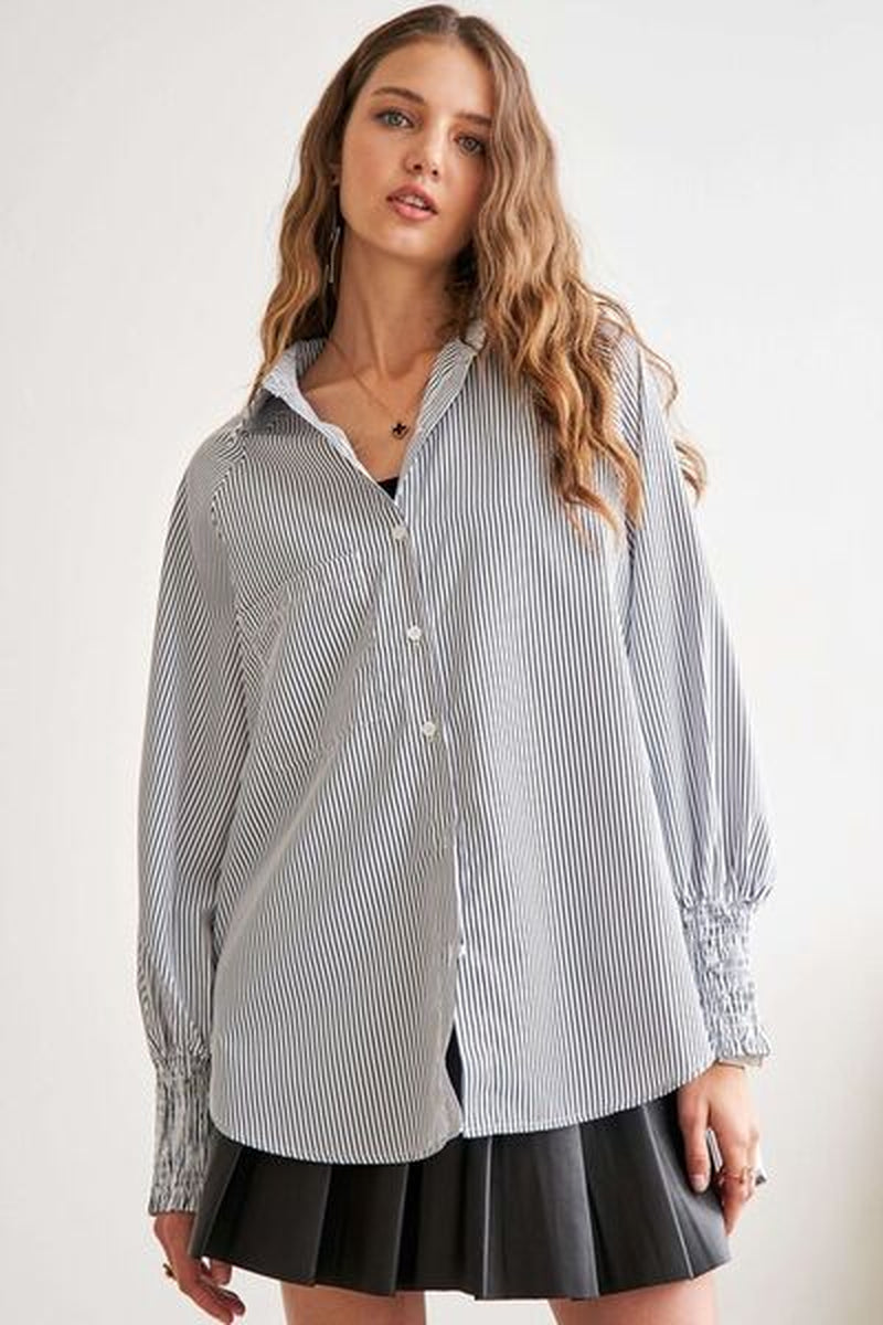 ADORA High-Low Striped Button down Smocked Lantern Sleeve Shirt