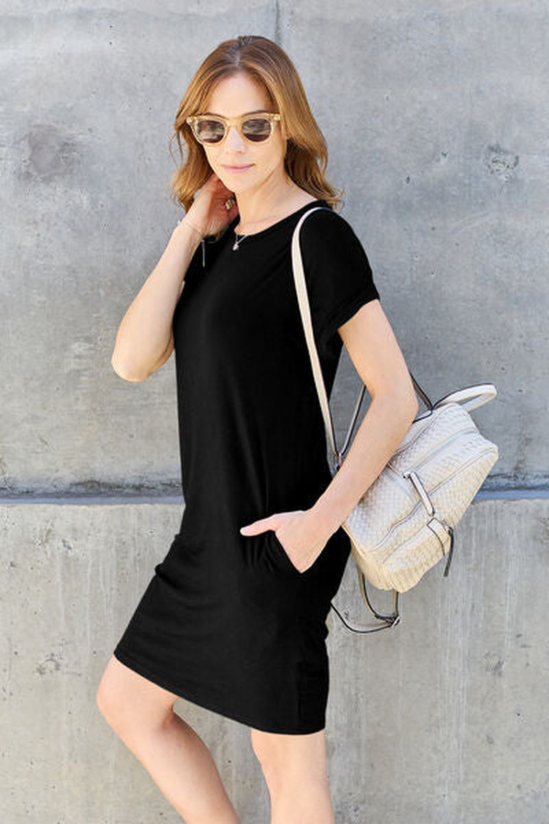 Basic Bae Bamboo Full Size round Neck Short Sleeve Dress with Pockets
