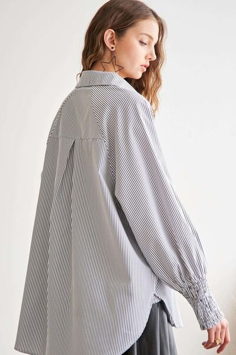 ADORA High-Low Striped Button down Smocked Lantern Sleeve Shirt